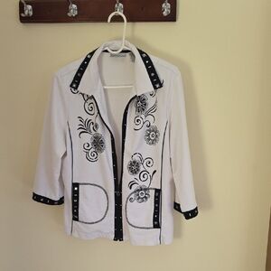 White Jacket with Black Floral Pattern and Bling, Size L